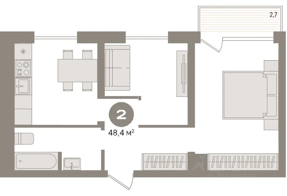 2-к. квартира, 48.44 м², 7/7 эт.